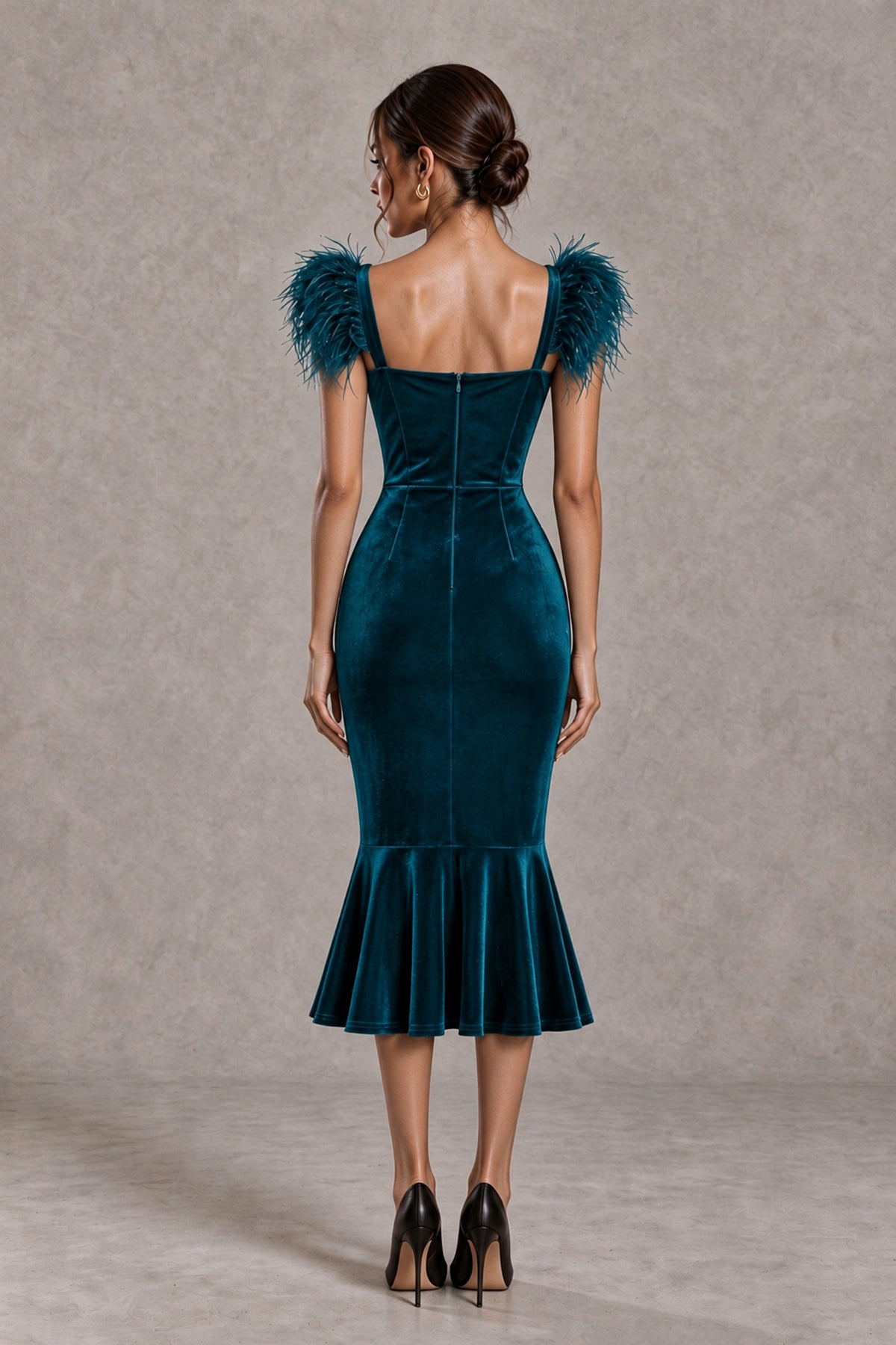 BOLODOO Peacock Feather-Trim Velvet-Look Mermaid Midi Dress - Peacock - Peacock_2