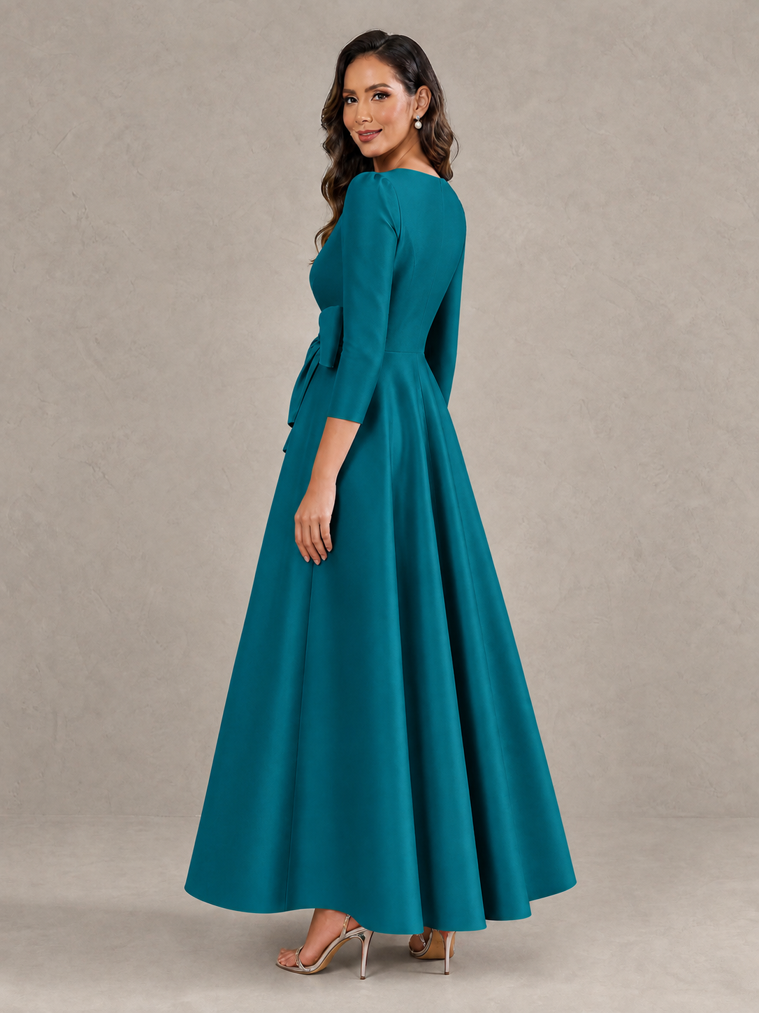 BOLODOO Peacock Satin Deep V-Neck Wrap 3/4 Puff Sleeve A-Line Ball Gown Maxi Dress with Oversized Bow Belt - Peacock