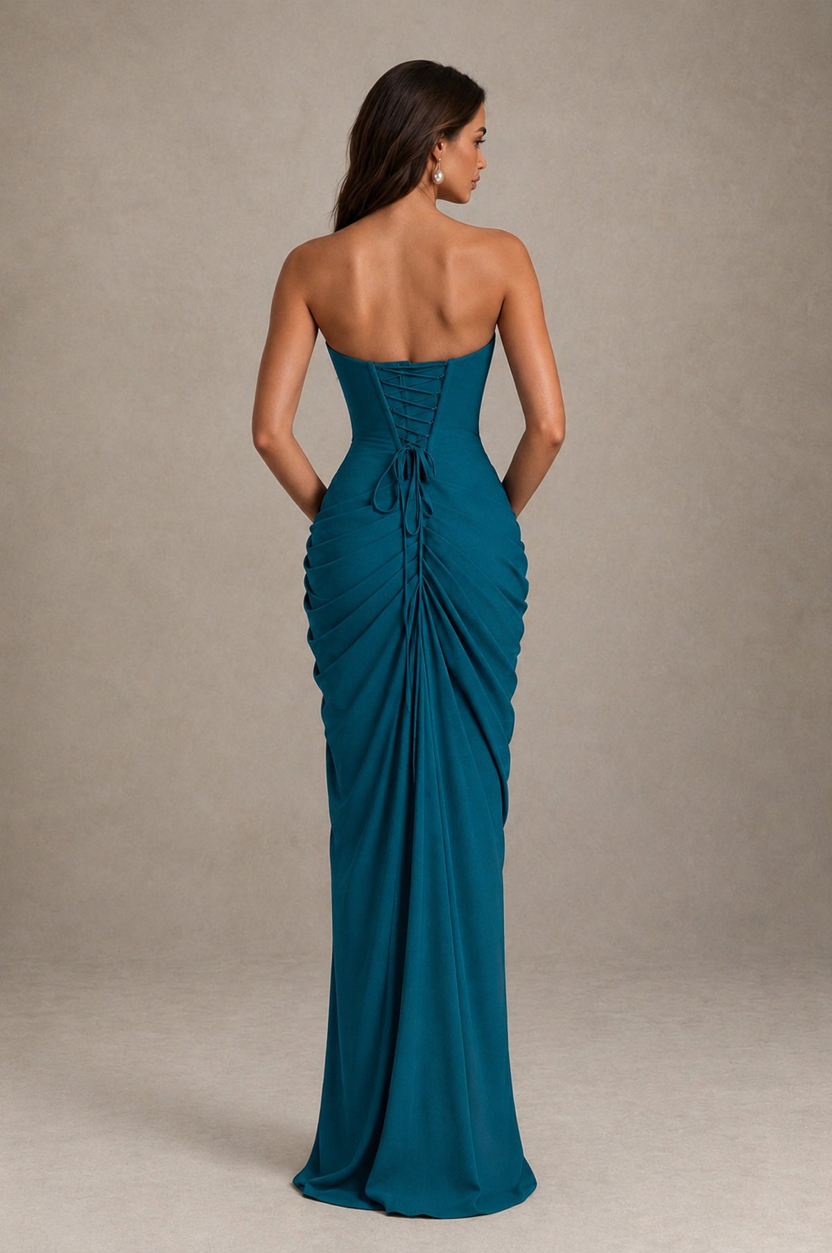 BOLODOO Strapless Draped Maxi Dress - Peacock Backless Evening Gown with High Slit - Peacock - Peacock_2