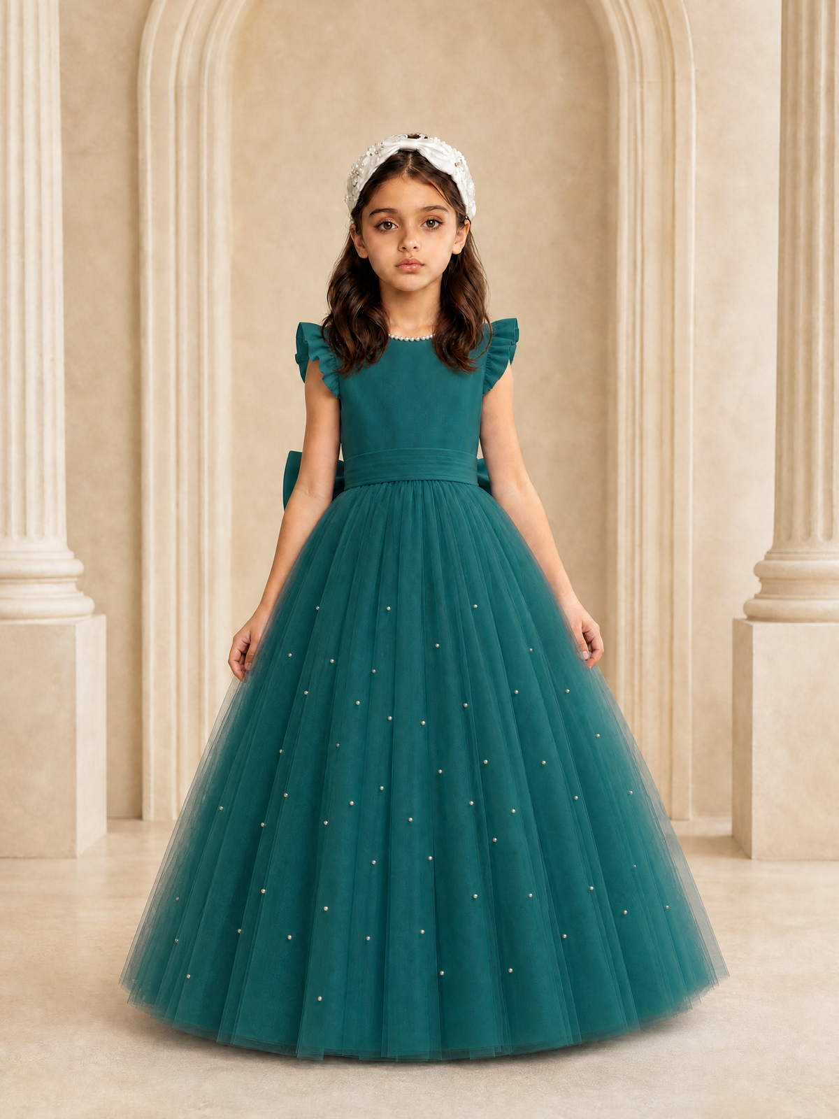 BOLODOO Peacock Tulle Flower Girl Dress with Ruffle Sleeves & Bow Back - Peacock - Peacock_2