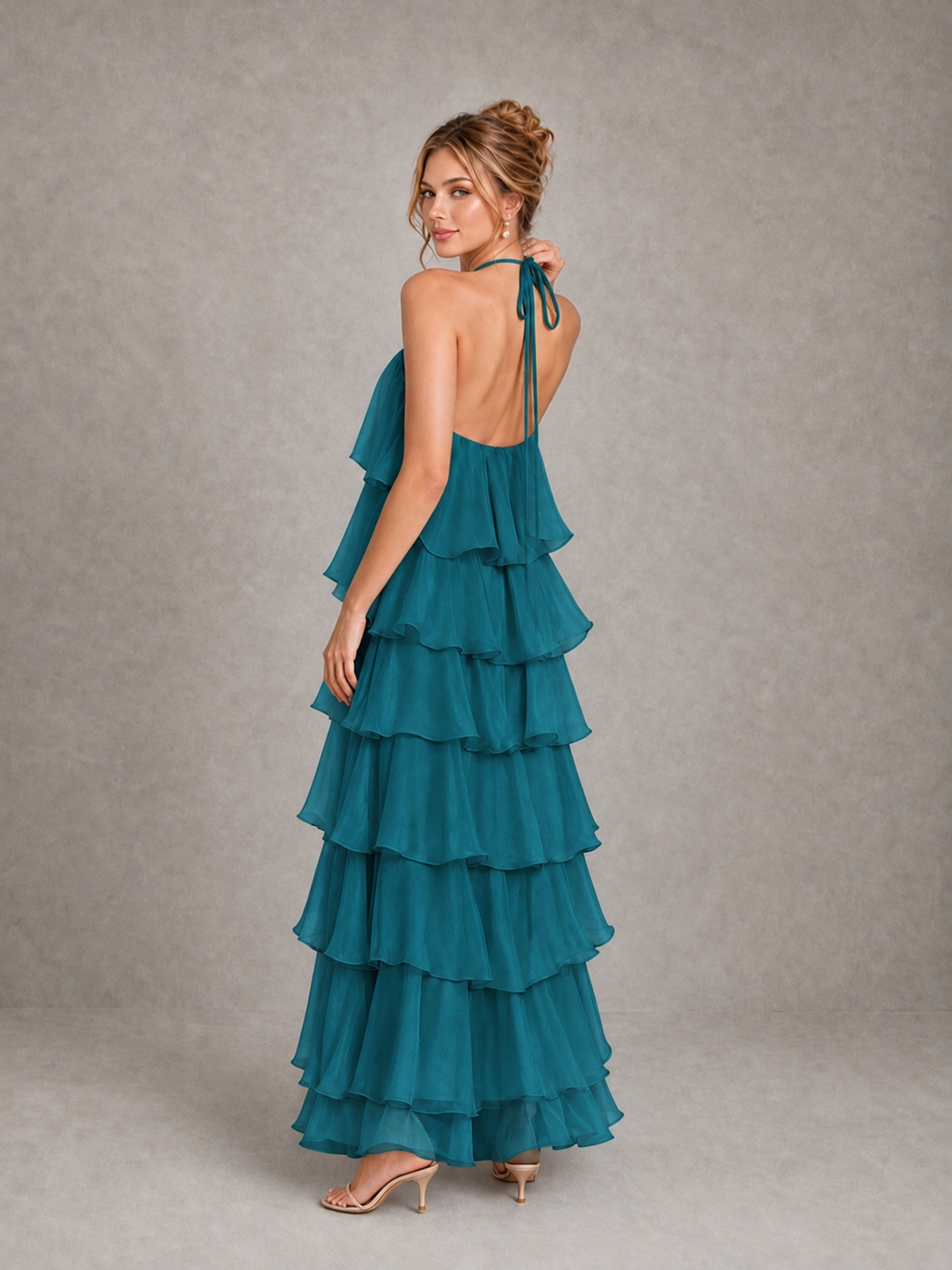 BOLODOO Peacock Halter Tiered Ruffle Maxi Bridesmaid Dress - Peacock - Peacock_2