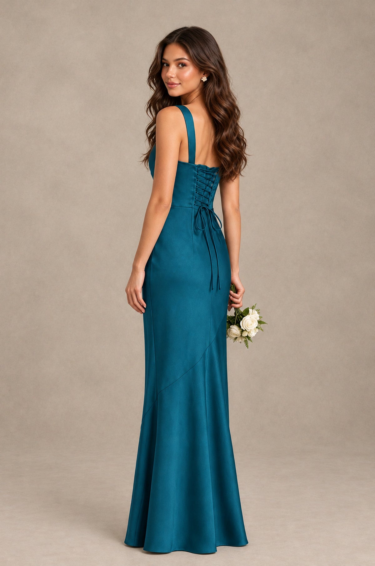 BOLODOO Peacock Square Neck Ruched Satin Lace-Up Bridesmaid Dress - Peacock - Peacock_2
