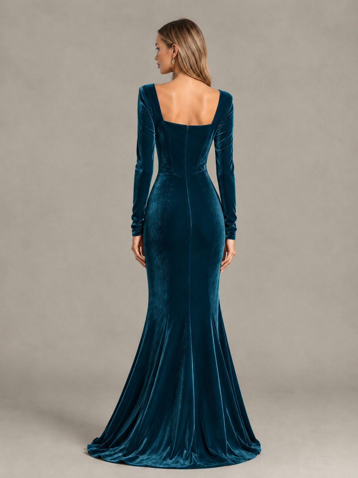 BOLODOO Peacock Velvet-Look Square Neck Long Sleeve Mermaid Evening Dress - Peacock - Peacock_2