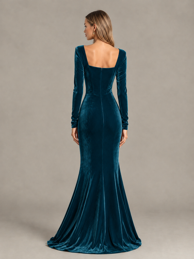 BOLODOO Peacock Velvet-Look Square Neck Long Sleeve Mermaid Evening Dress - Peacock - Peacock_2