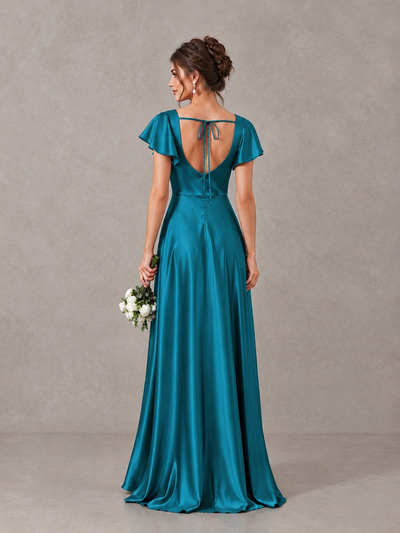 BOLODOO Peacock Satin Square Neck Flutter Sleeve A-Line Bridesmaid Dress with Slit - Peacock - Peacock_2