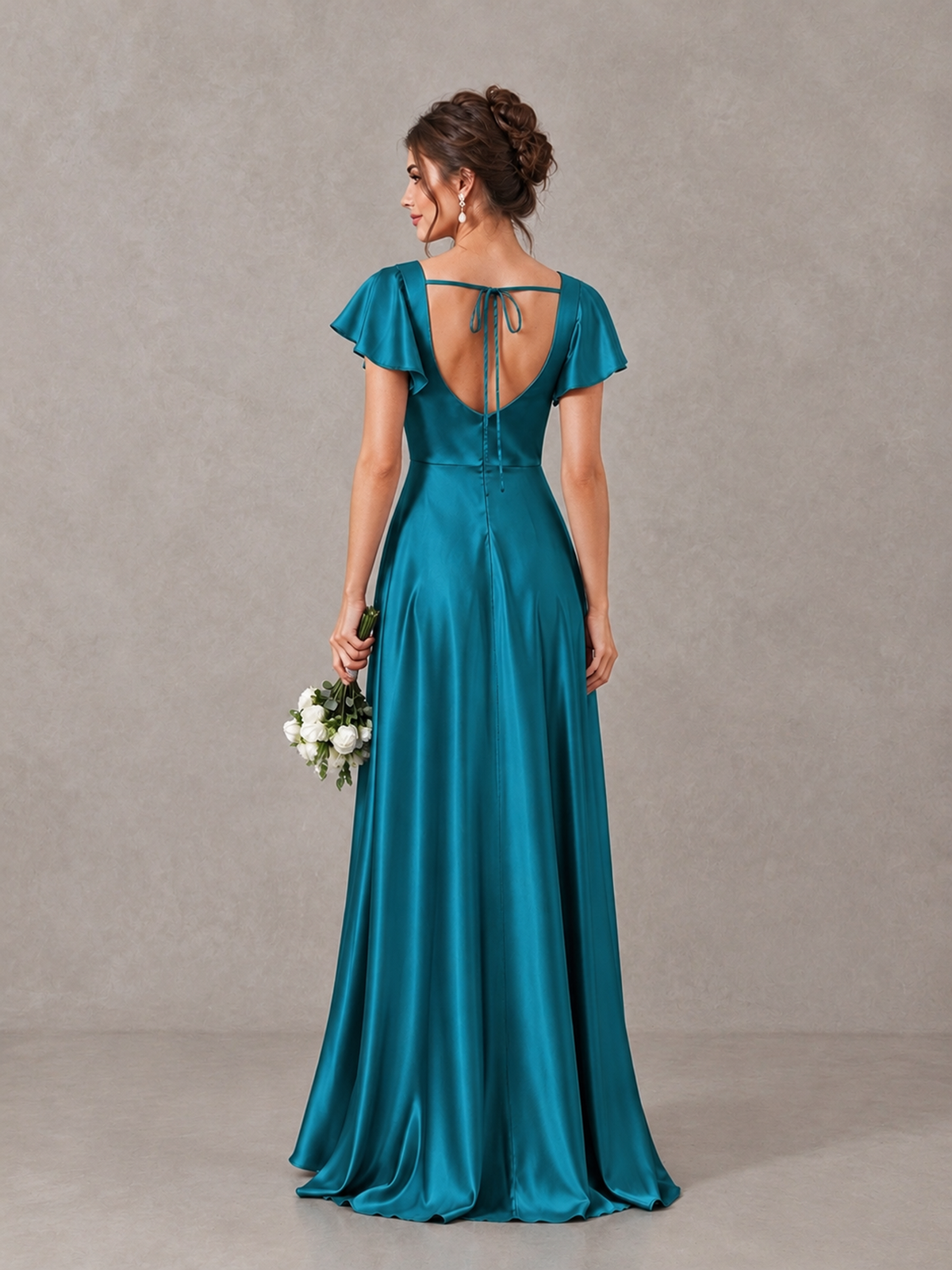 BOLODOO Peacock Satin Square Neck Flutter Sleeve A-Line Bridesmaid Dress with Slit - Peacock - Peacock_2