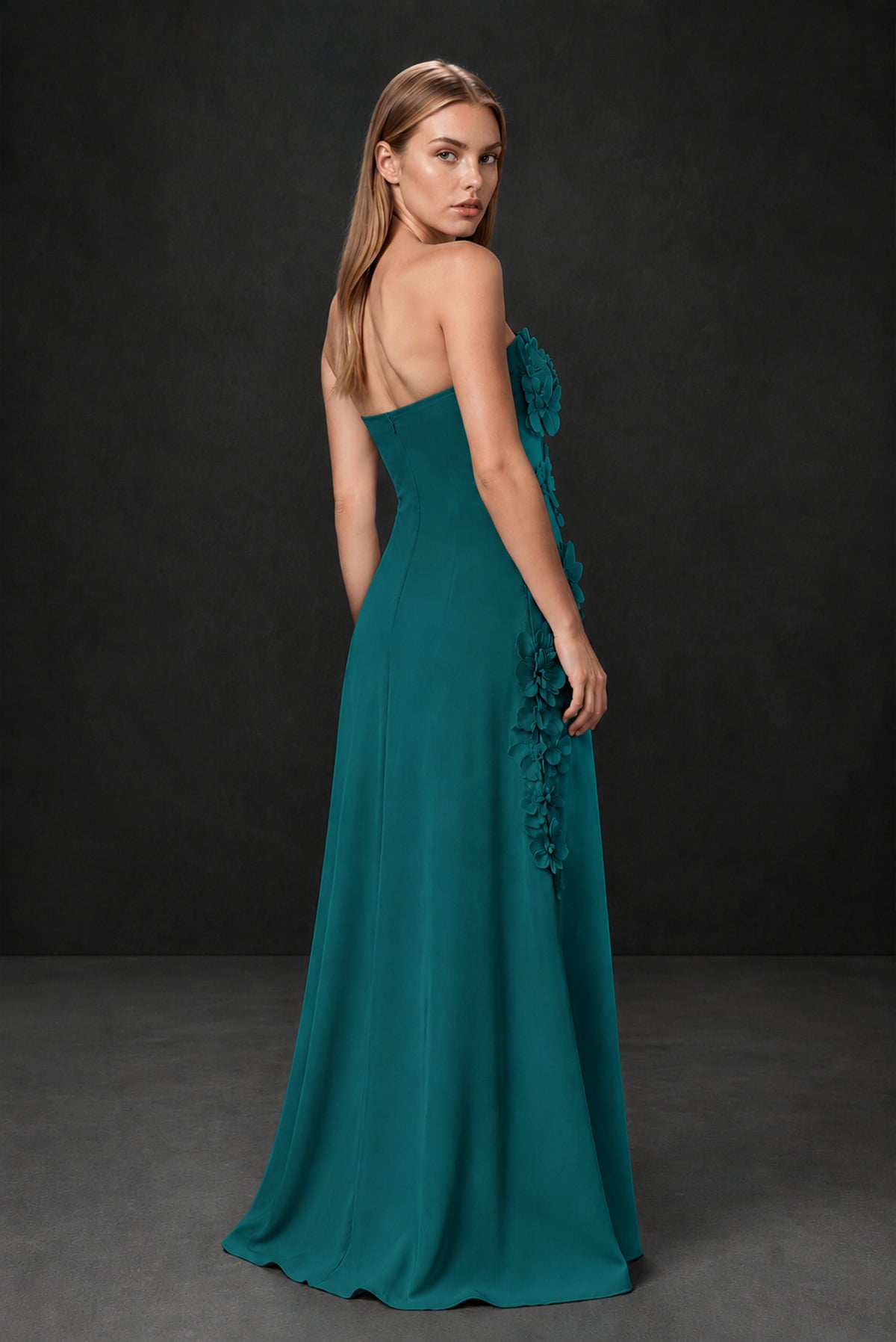 BOLODOO Peacock Strapless 3D Floral Appliqué Crepe Maxi Gown - Peacock