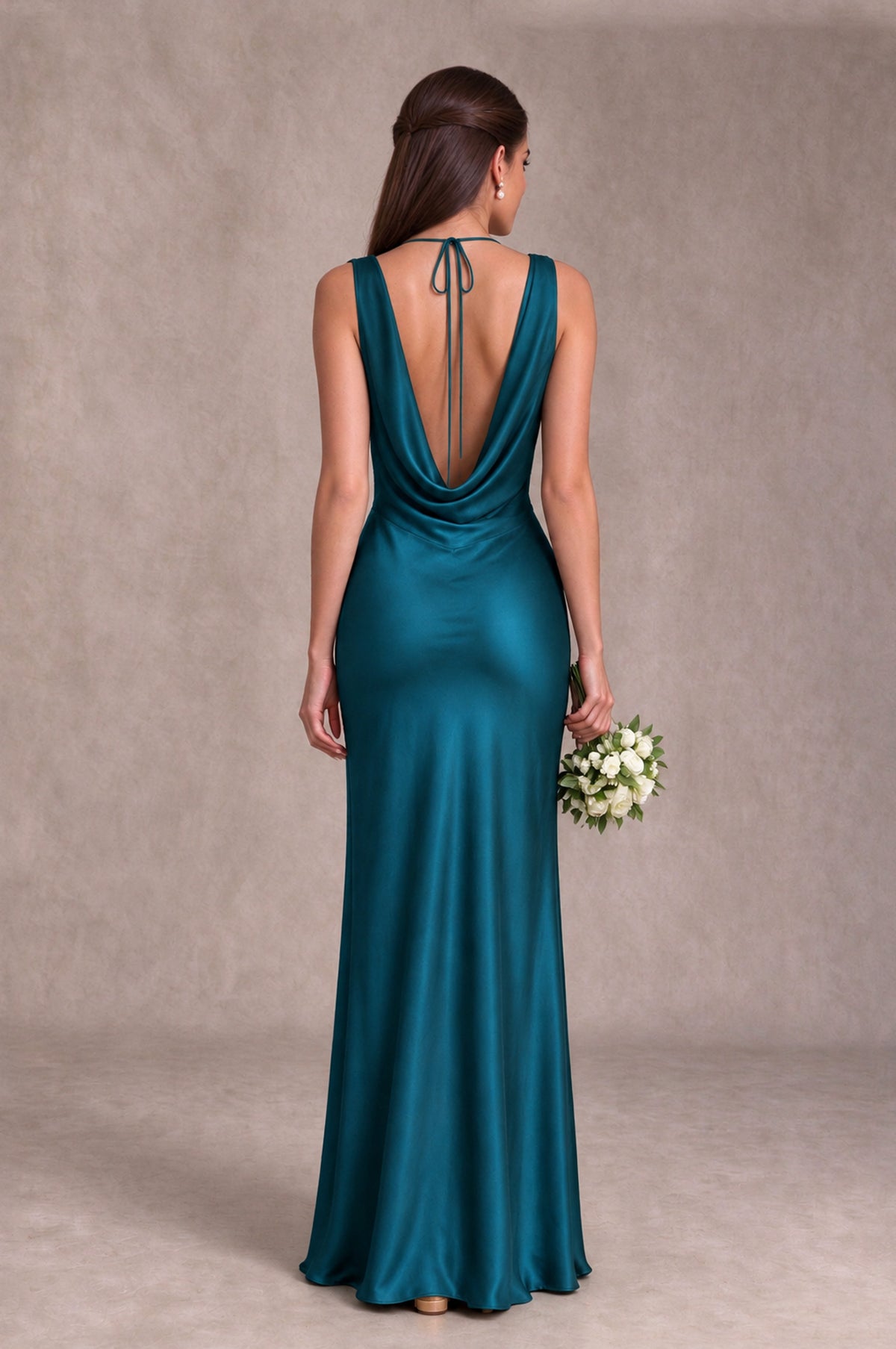 BOLODOO Peacock Cowl Neck Open Back Satin Bridesmaid Dress - Peacock - Peacock_2