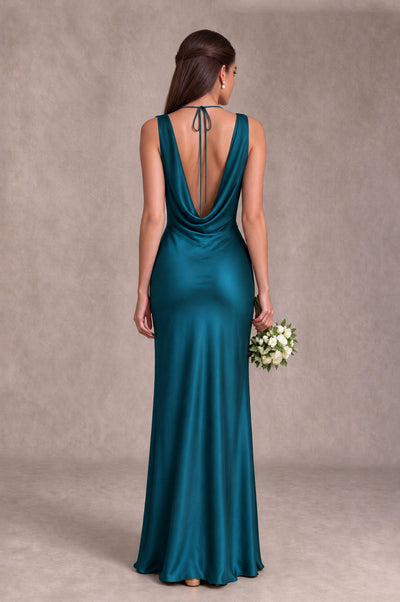 BOLODOO Peacock Cowl Neck Open Back Satin Bridesmaid Dress - Peacock - Peacock_2