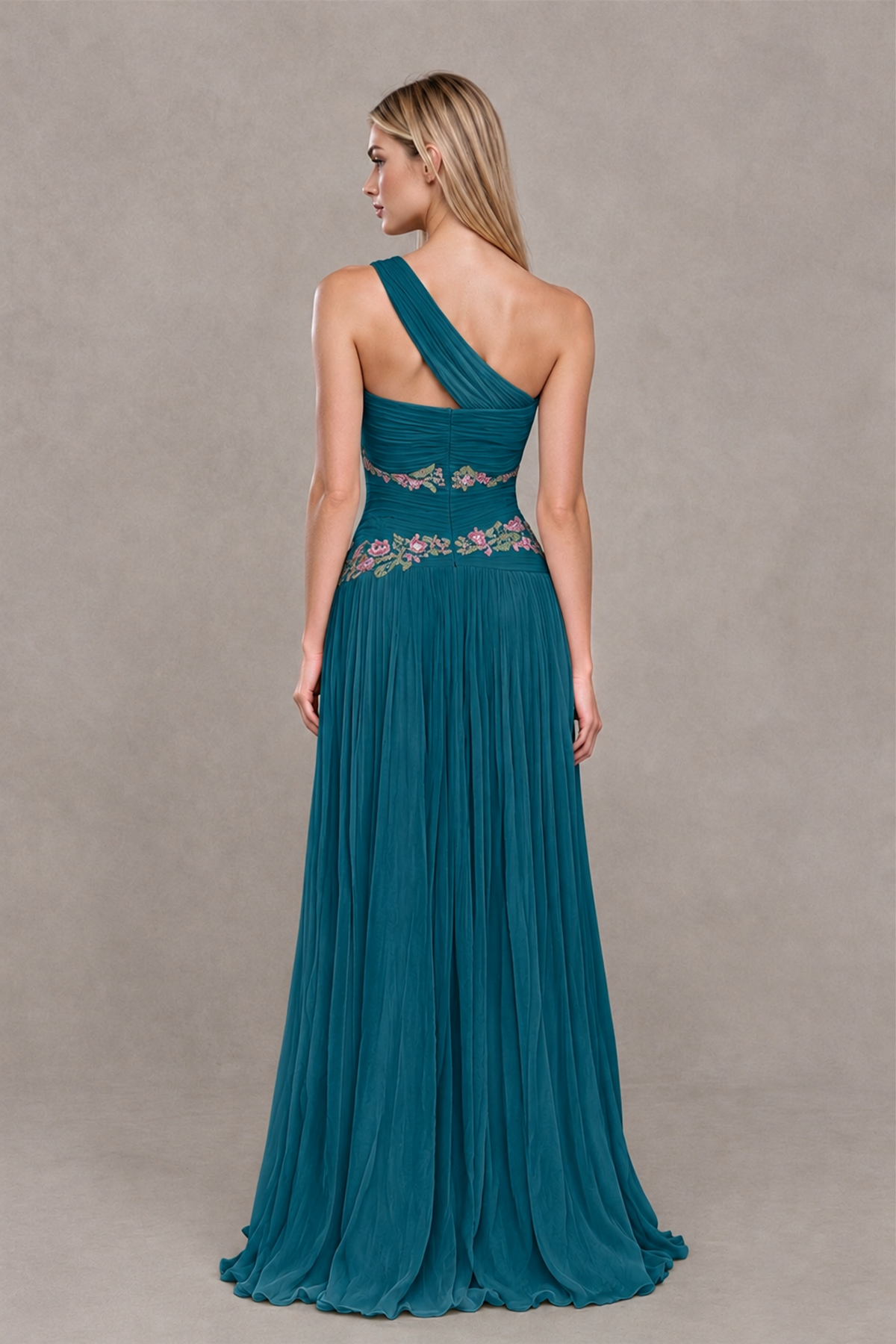 BOLODOO Peacock One-Shoulder Floral Applique A-Line Evening Dress - Peacock - Peacock_2