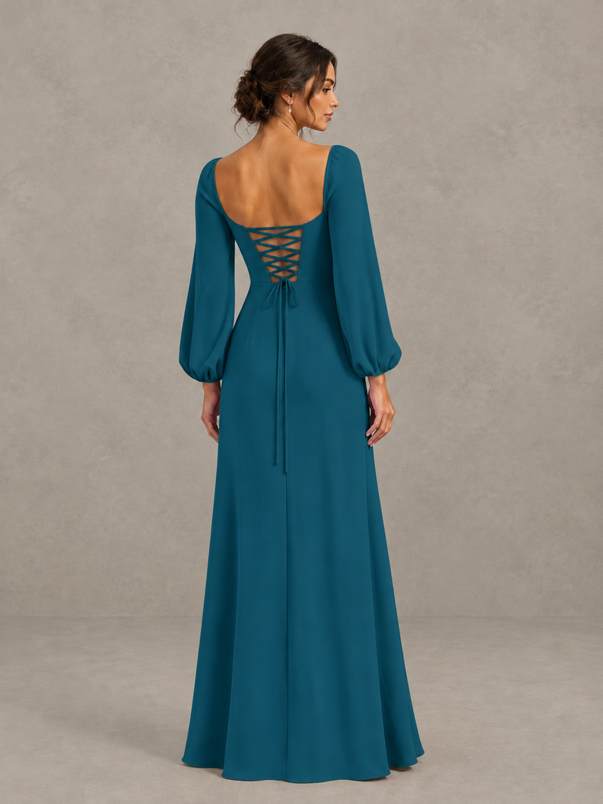 BOLODOO Peacock Square Neck Long Sleeve Bridesmaid Dress with High Slit - Peacock - Peacock_2