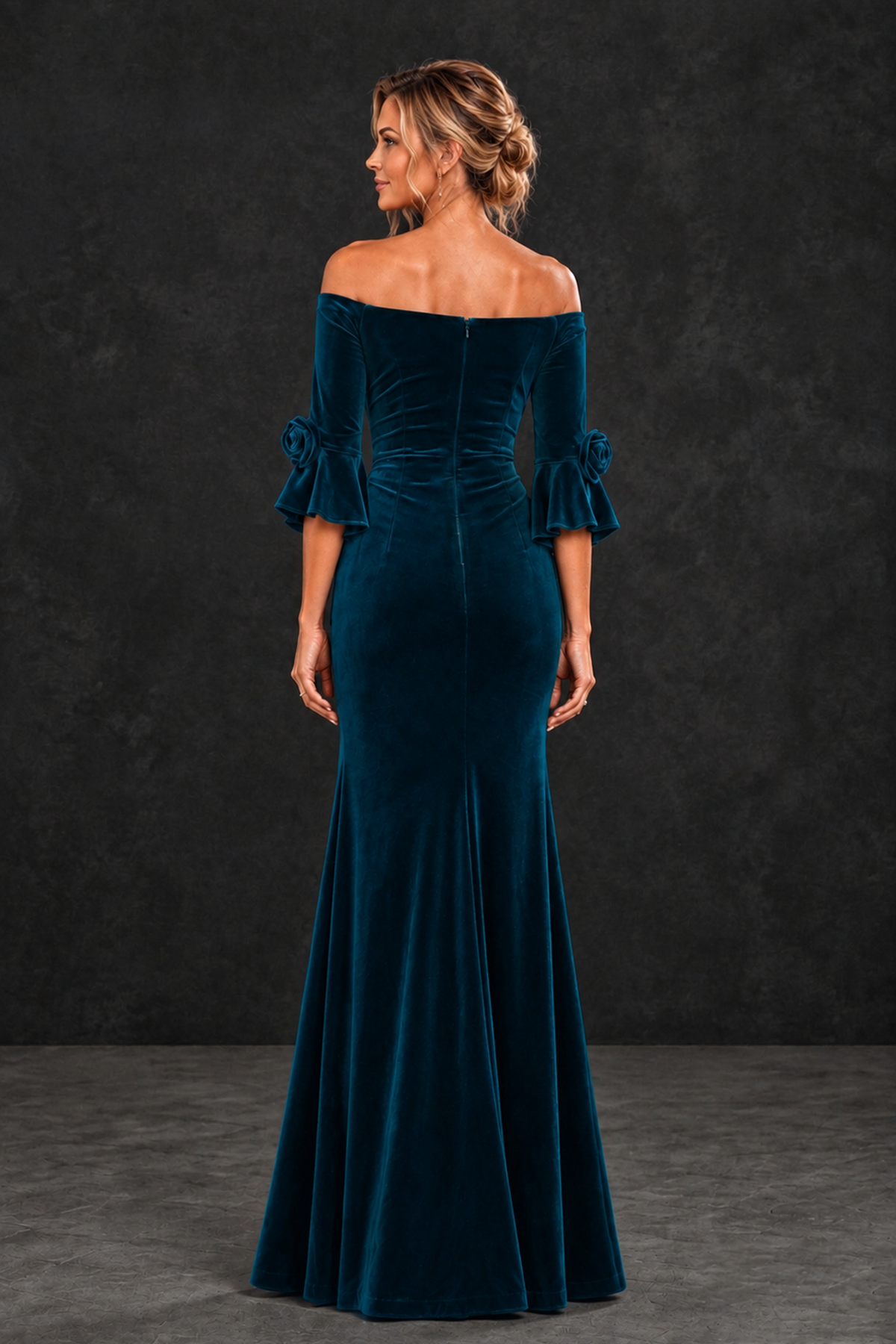 BOLODOO Peacock Velvet Off-Shoulder Mother of the Bride Dress – 3/4 Floral Cuff Sleeve Mermaid Evening Gown - Peacock - Peacock_2