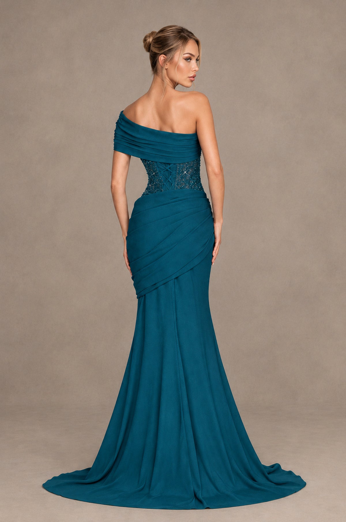 BOLODOO Peacock One-Shoulder Sequin Embroidered Ruched Mermaid Gown with Train - Peacock - Peacock_2
