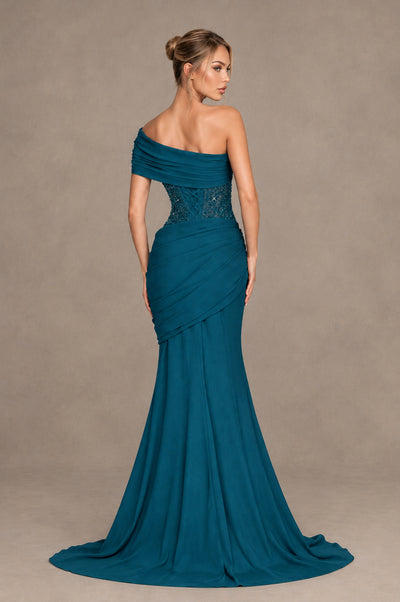 BOLODOO Peacock One-Shoulder Sequin Embroidered Ruched Mermaid Gown with Train - Peacock - Peacock_2