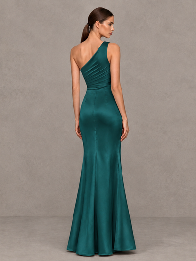 BOLODOO Peacock One-Shoulder Ruched Satin-Look Evening Gown with High Slit - Peacock - Peacock_2