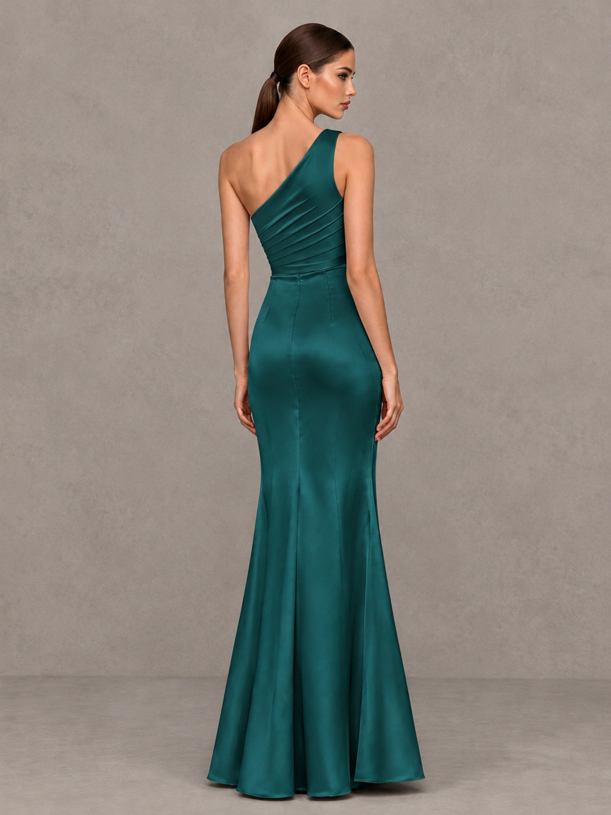 BOLODOO Peacock One-Shoulder Ruched Satin-Look Evening Gown with High Slit - Peacock - Peacock_2