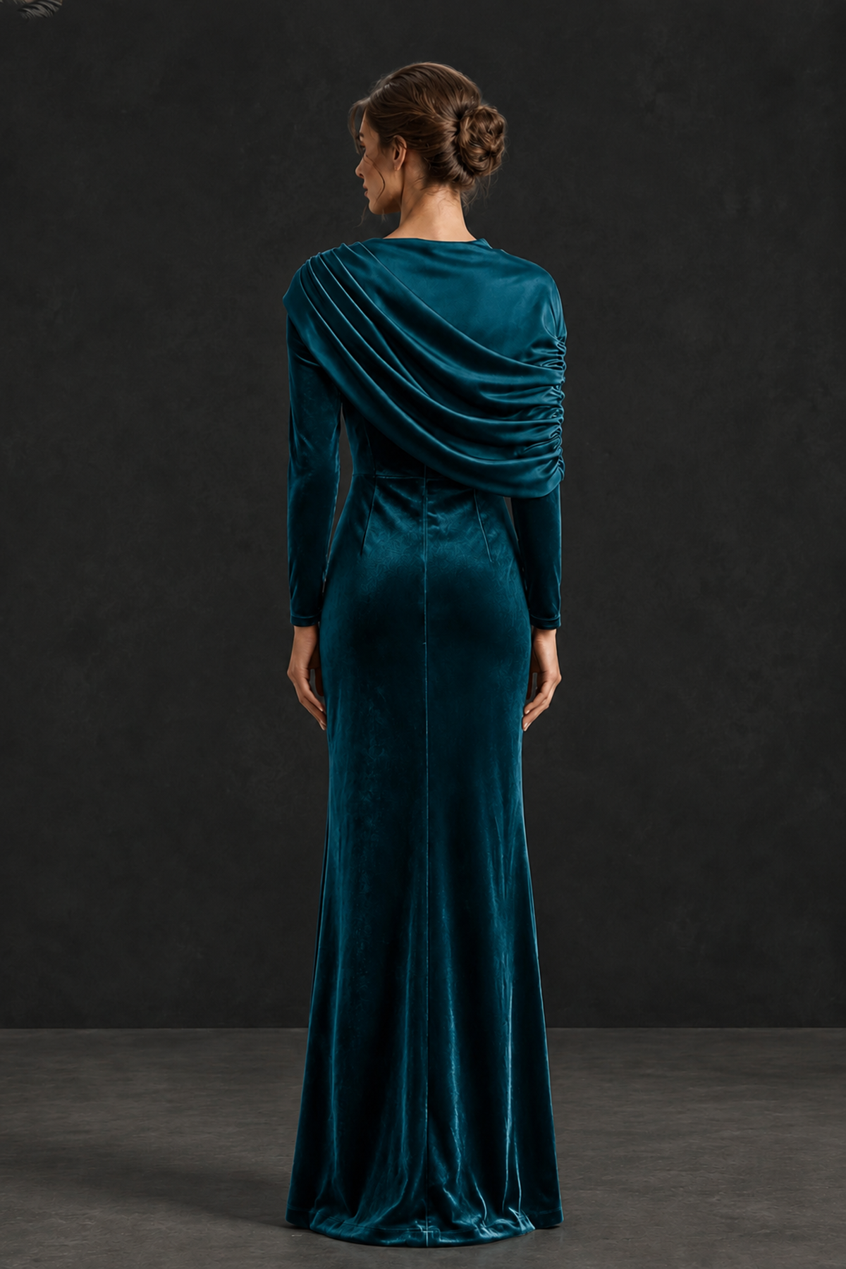 BOLODOO Peacock Velvet Long Sleeve Draped Mother of the Bride Dress - Peacock - Peacock_2