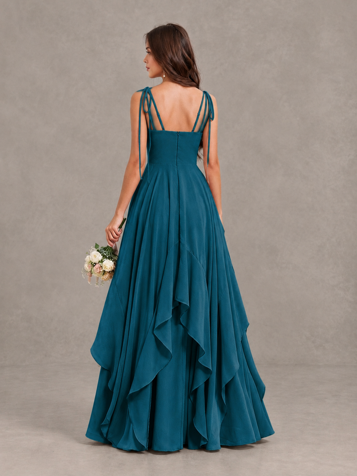BOLODOO Peacock Tie-Strap Ruffle A-Line Bridesmaid Dress - Peacock - Peacock_2