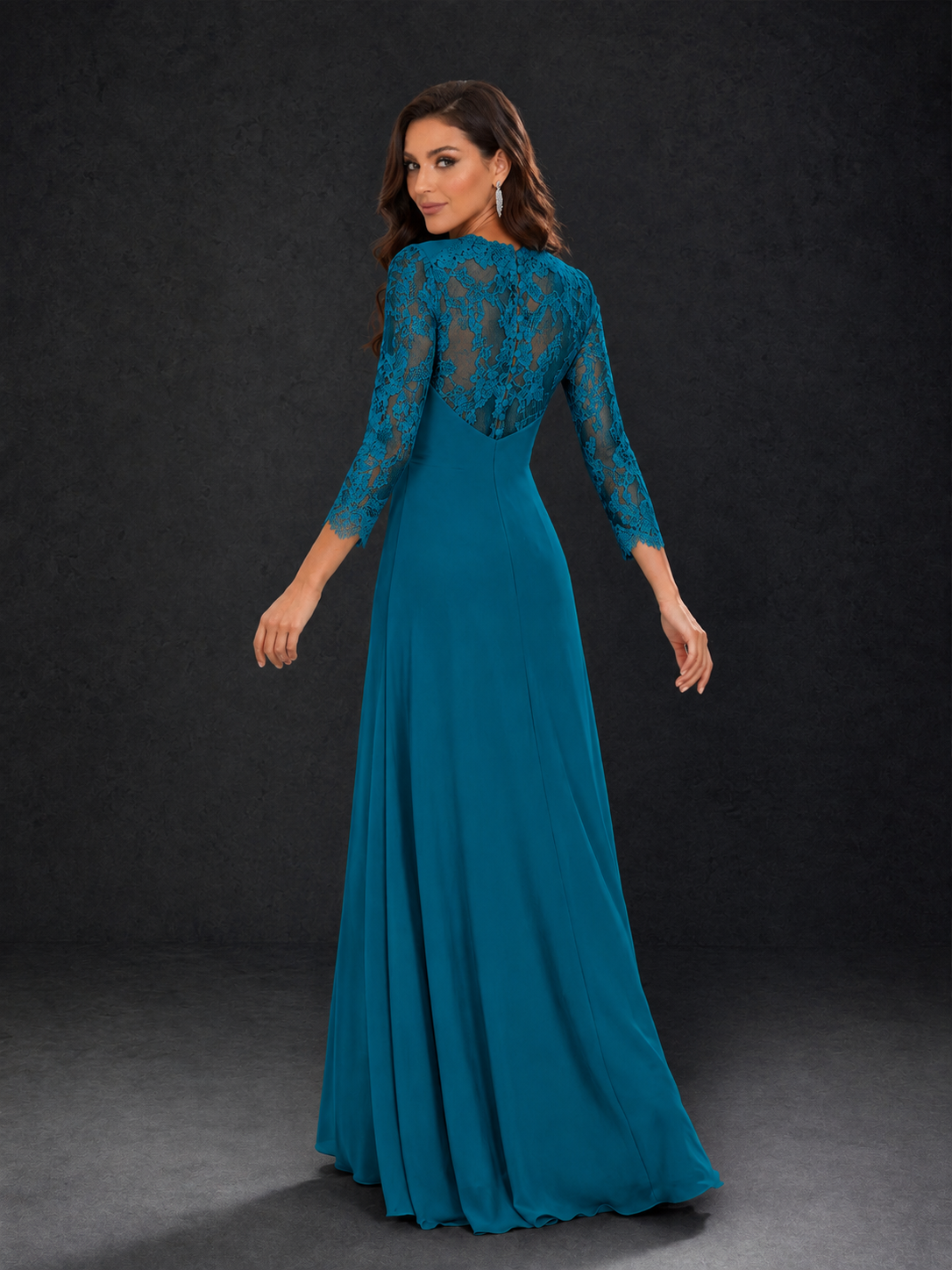 BOLODOO Peacock Lace Sleeve V-Neck Floral Waist Chiffon A-Line Maxi Dress - Peacock
