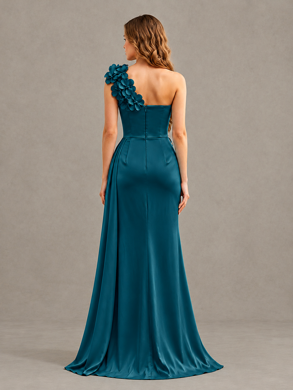 BOLODOO Peacock One-Shoulder Satin Mermaid Evening Gown with 3D Floral Appliqué - Peacock - Peacock_2