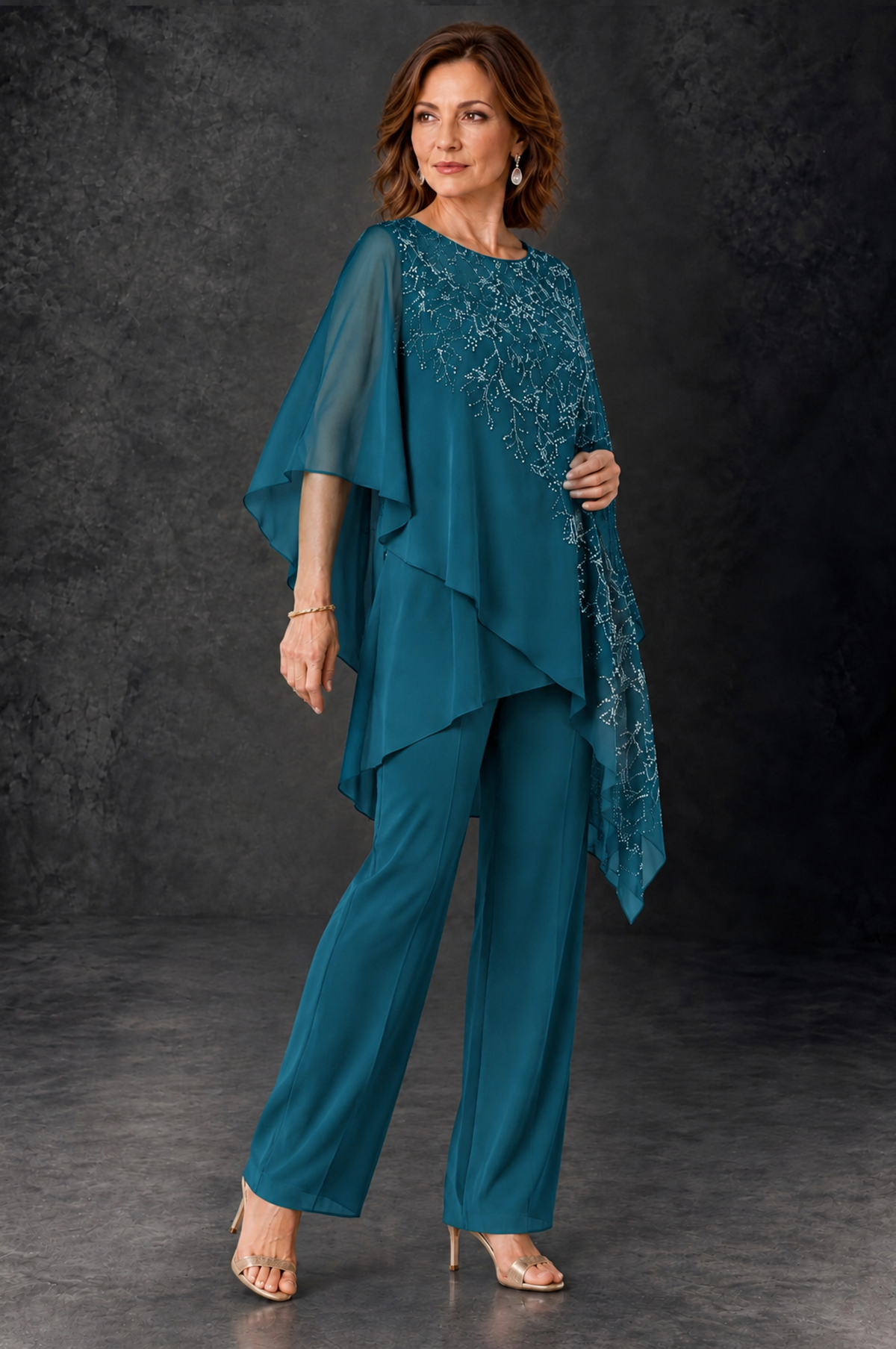 BOLODOO Peacock Embellished Cape Pant Suit for Mother of the Bride - Peacock - Peacock_2