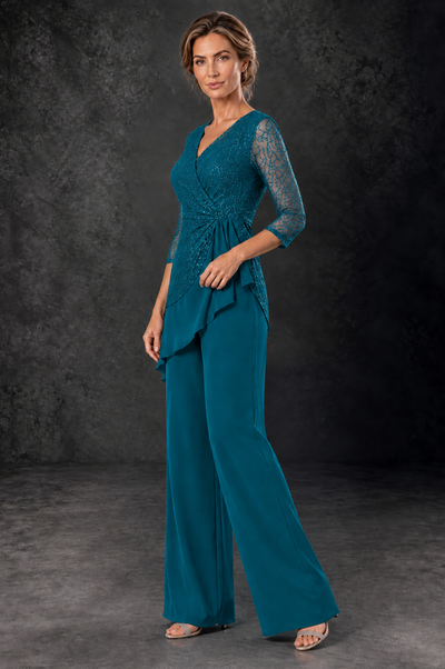 BOLODOO Peacock Sequin Lace 3/4 Sleeve Chiffon Mother of the Bride Pant Suit - Peacock - Peacock_2