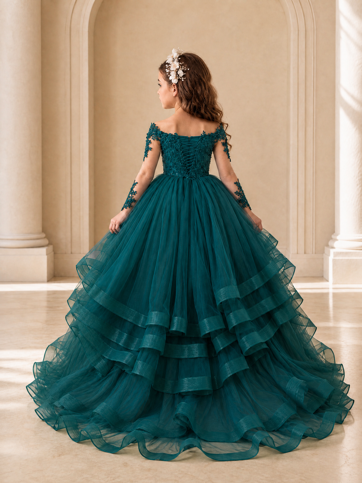 BOLODOO Peacock Lace Long Sleeve Tiered Flower Girl Dress - Peacock - Peacock_2