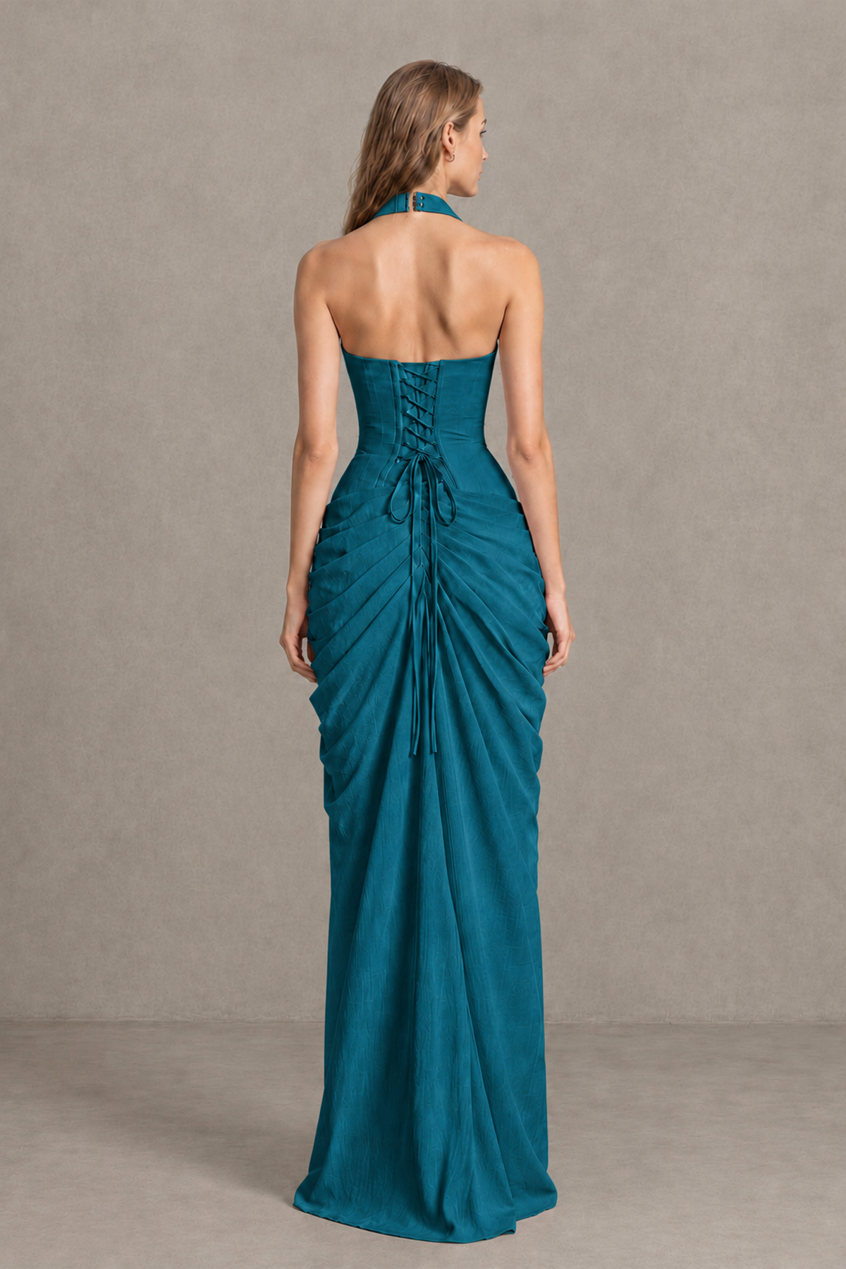 BOLODOO Peacock Halter Neck Ruched Maxi Dress with High Slit - Peacock - Peacock_2