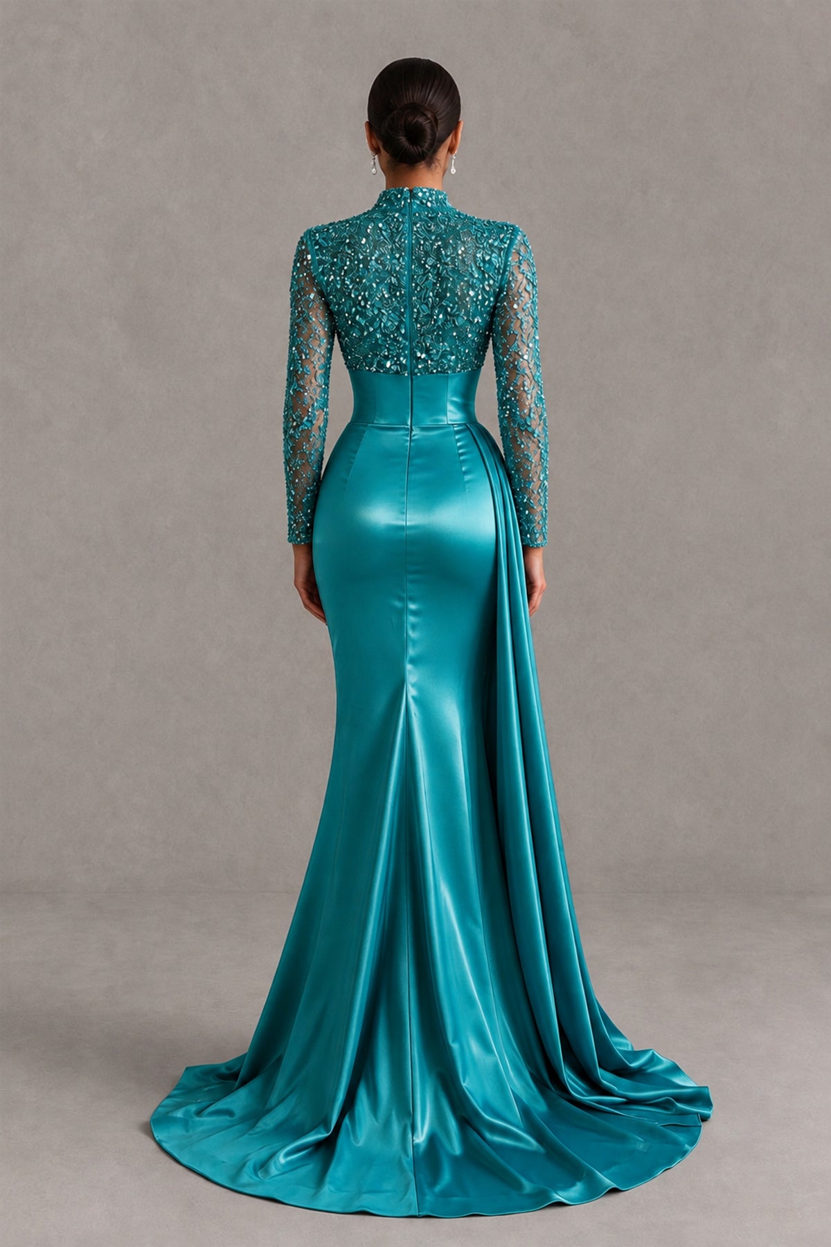 BOLODOO Peacock Long Sleeve Embellished Satin Mermaid Evening Gown - Peacock - Peacock_2