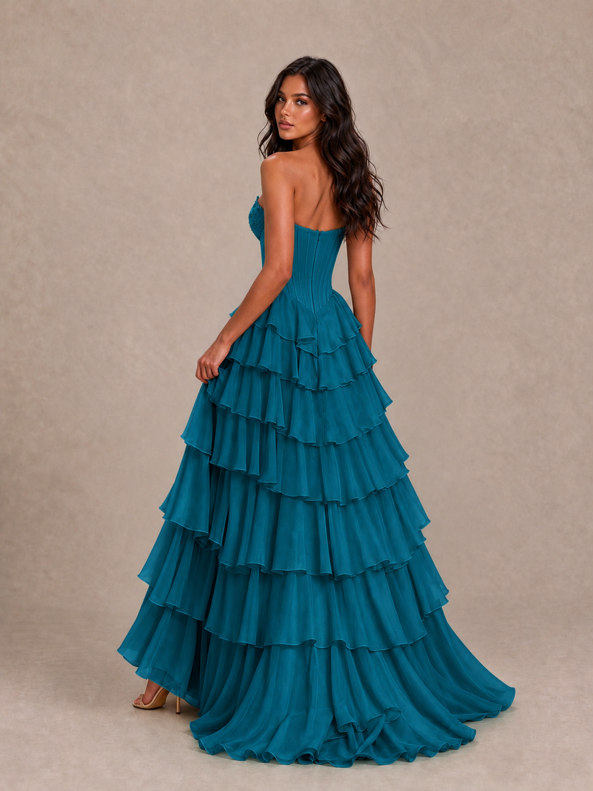 BOLODOO Peacock Strapless Corset Tiered Ruffle Prom Dress with High Slit - Peacock - Peacock_2