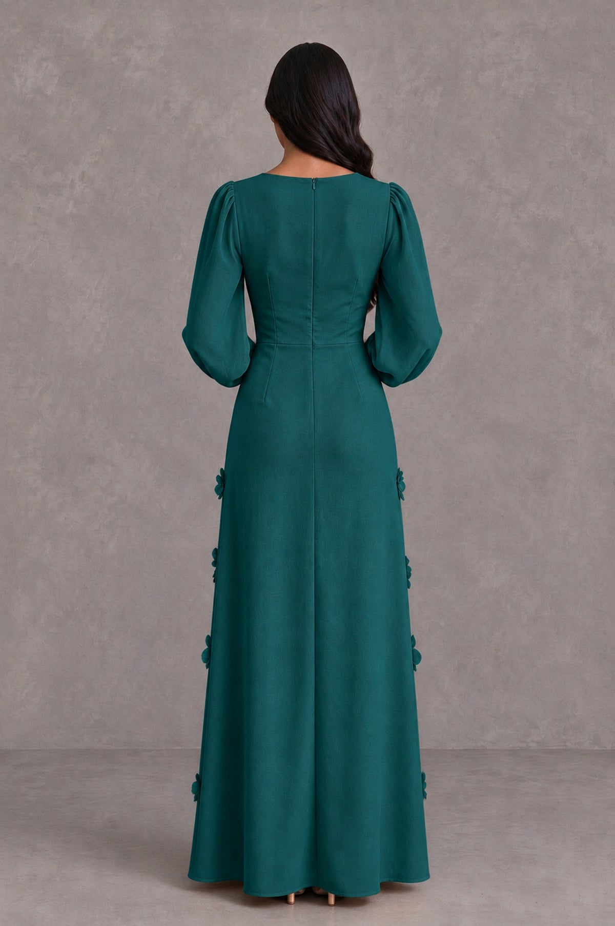 BOLODOO Peacock Long Sleeve Floral Applique A-Line Evening Dress - Peacock - Peacock_2