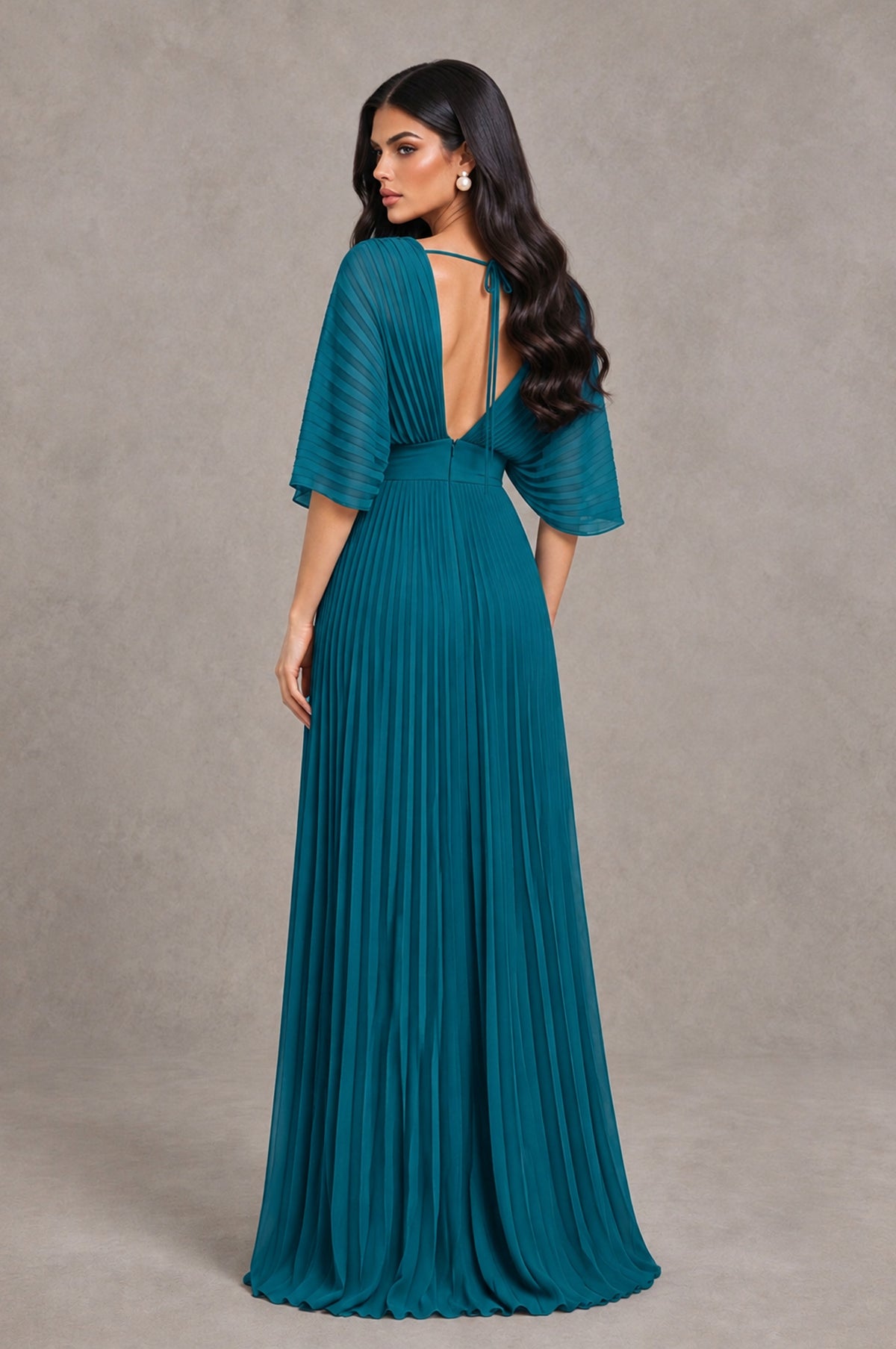 BOLODOO Peacock V-Neck Pleated Flutter Sleeve Formal Dress - Peacock - Peacock_2