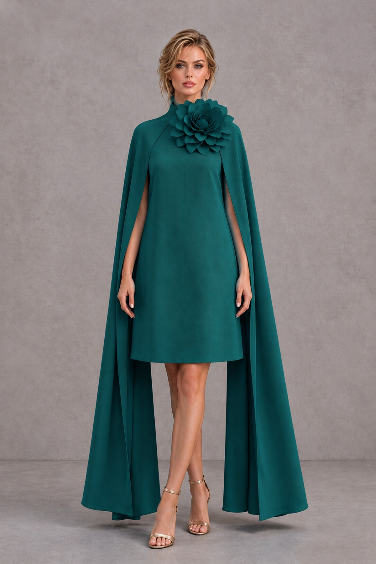 BOLODOO Peacock High Neck Floral Cape Mini Cocktail Dress - Peacock - Peacock_2