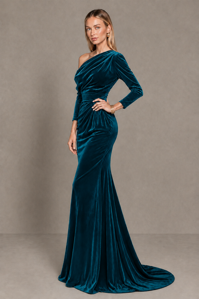 BOLODOO Peacock Velvet Asymmetric Neck Mermaid Evening Dress - Peacock - Peacock_2