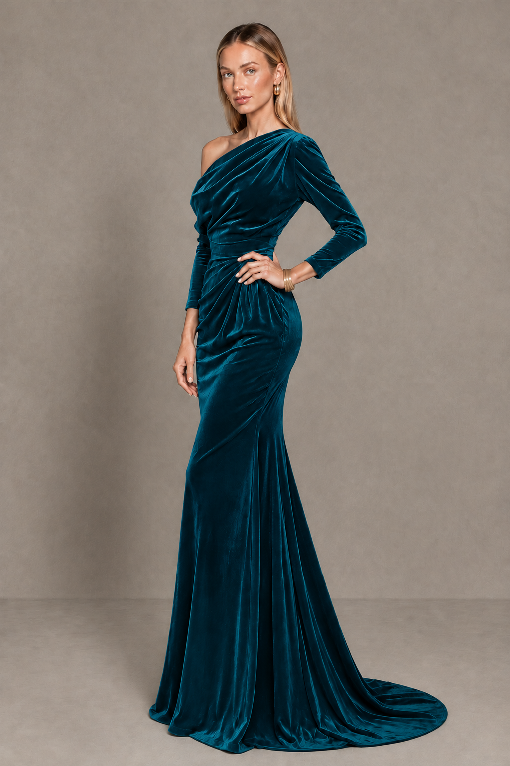 BOLODOO Peacock Velvet Asymmetric Neck Mermaid Evening Dress - Peacock - Peacock_2