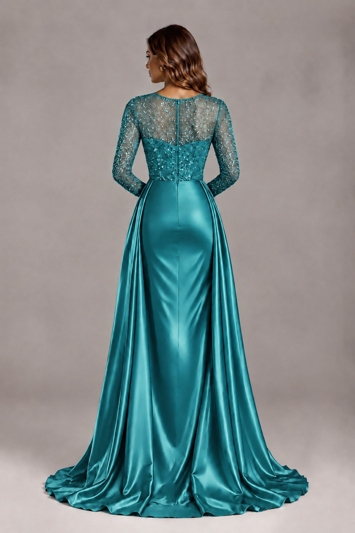 BOLODOO Peacock Long Sleeve Embellished Satin Evening Gown with Sweep Train - Peacock - Peacock_2