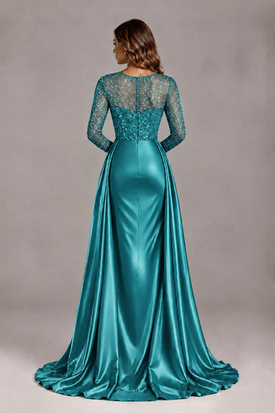 BOLODOO Peacock Long Sleeve Embellished Satin Evening Gown with Sweep Train - Peacock - Peacock_2