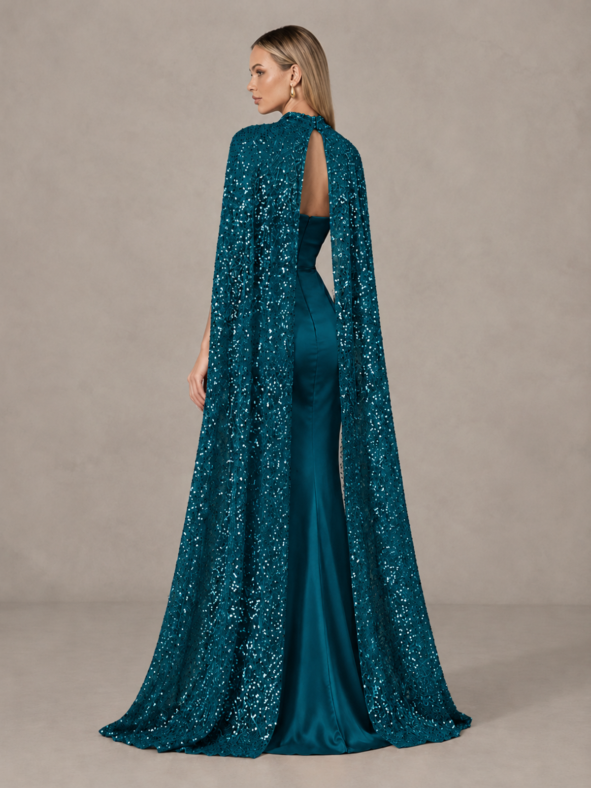 BOLODOO Peacock Strapless Satin-Look Evening Gown with Sequin Cape - Peacock - Peacock_2