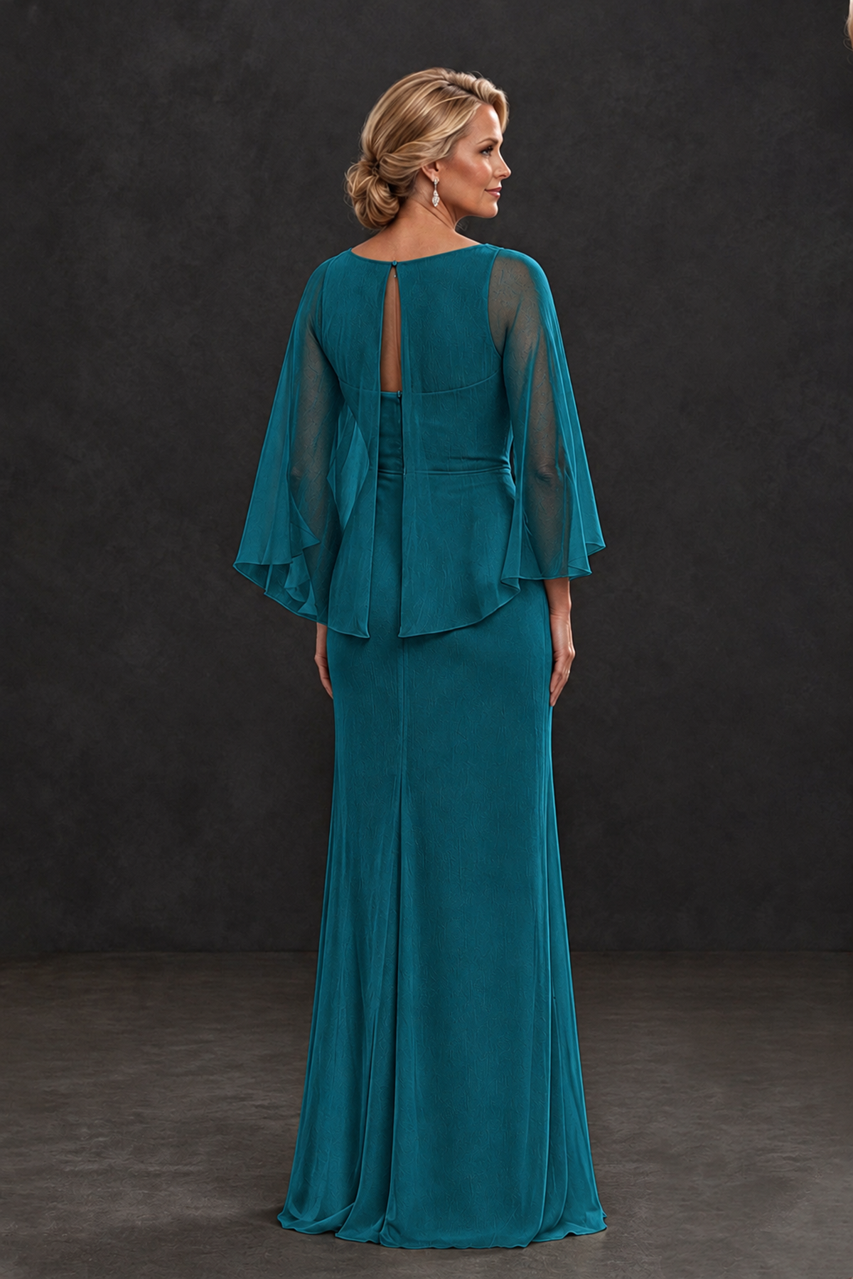 BOLODOO Peacock Cape Sleeve Mother of the Bride Dress with Ruched Waist - Peacock - Peacock_2