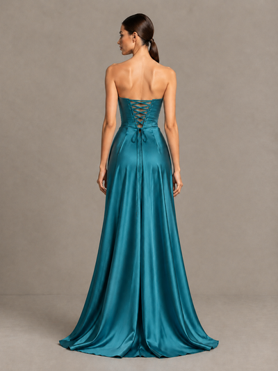 BOLODOO Peacock Strapless Satin High-Slit Lace-Up Prom Dress - Peacock - Peacock_2