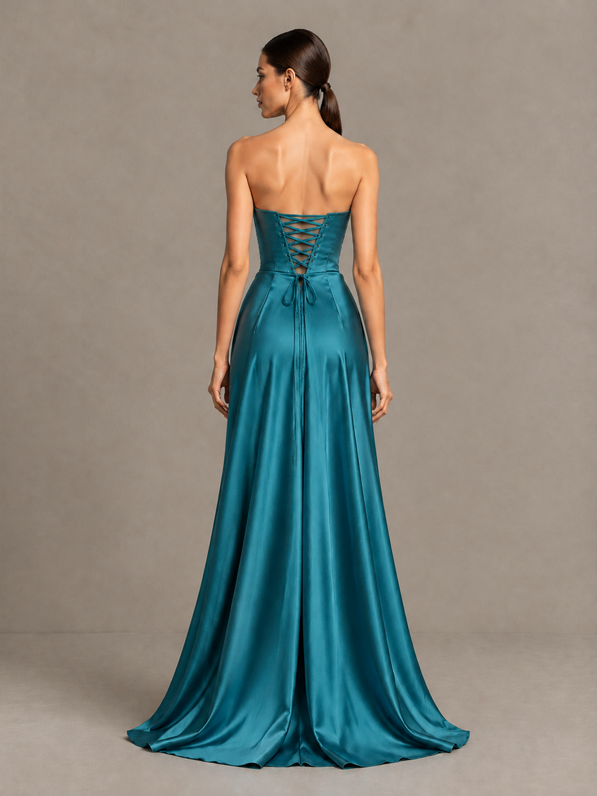 BOLODOO Peacock Strapless Satin High-Slit Lace-Up Prom Dress - Peacock - Peacock_2