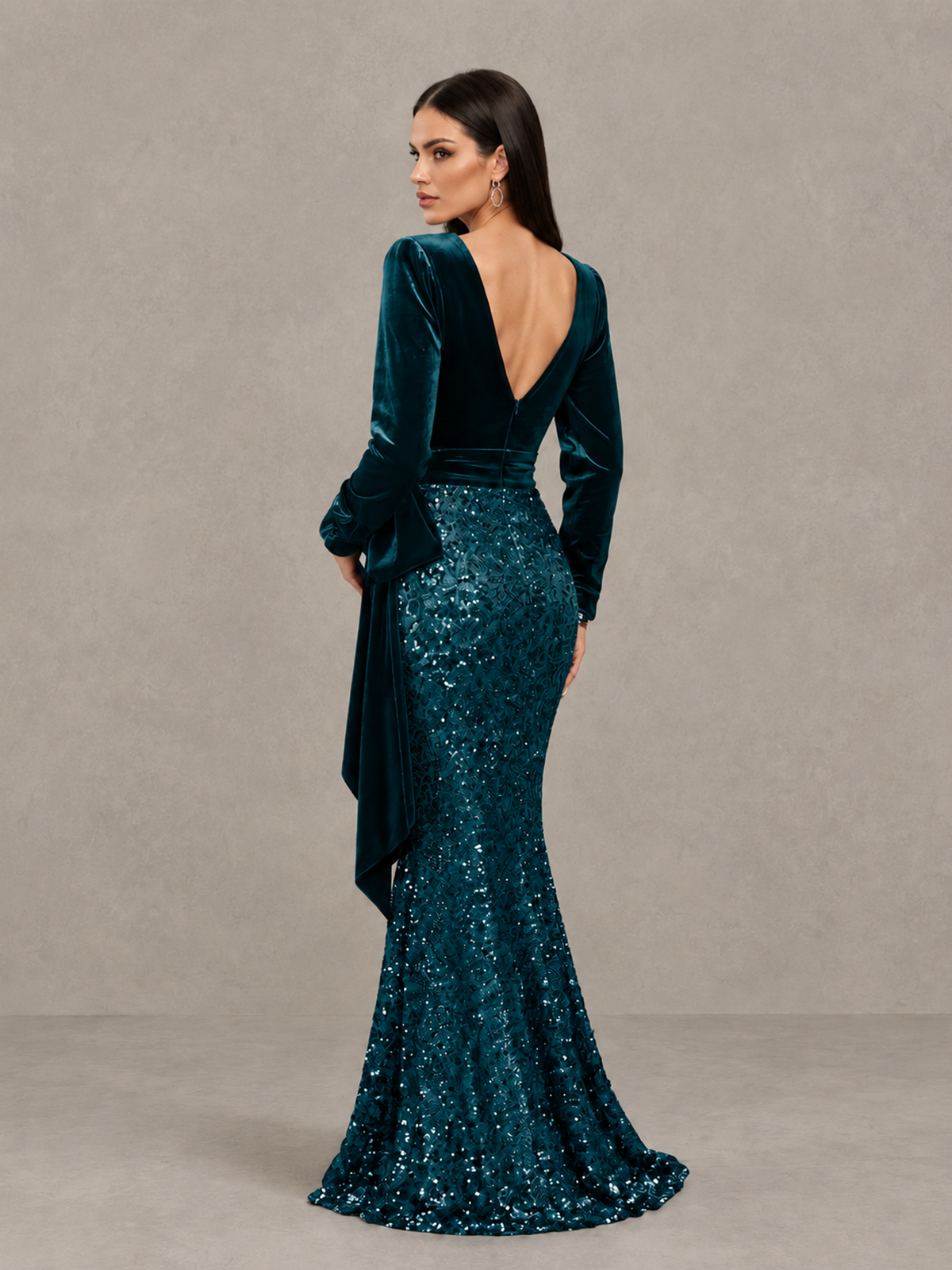 BOLODOO Peacock Velvet & Sequin Long Sleeve V-Neck Mermaid Evening Gown - Peacock - Peacock_2