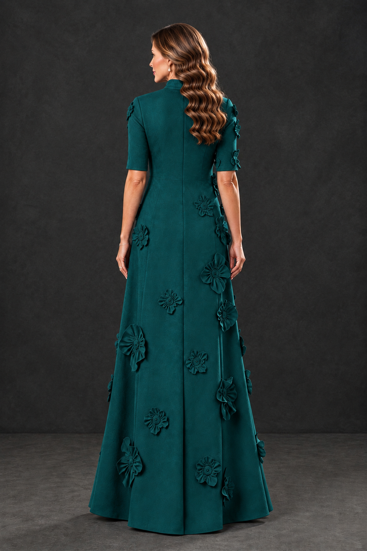 BOLODOO Peacock Floral Applique High-Neck Half-Sleeve Gown - Peacock - Peacock_2