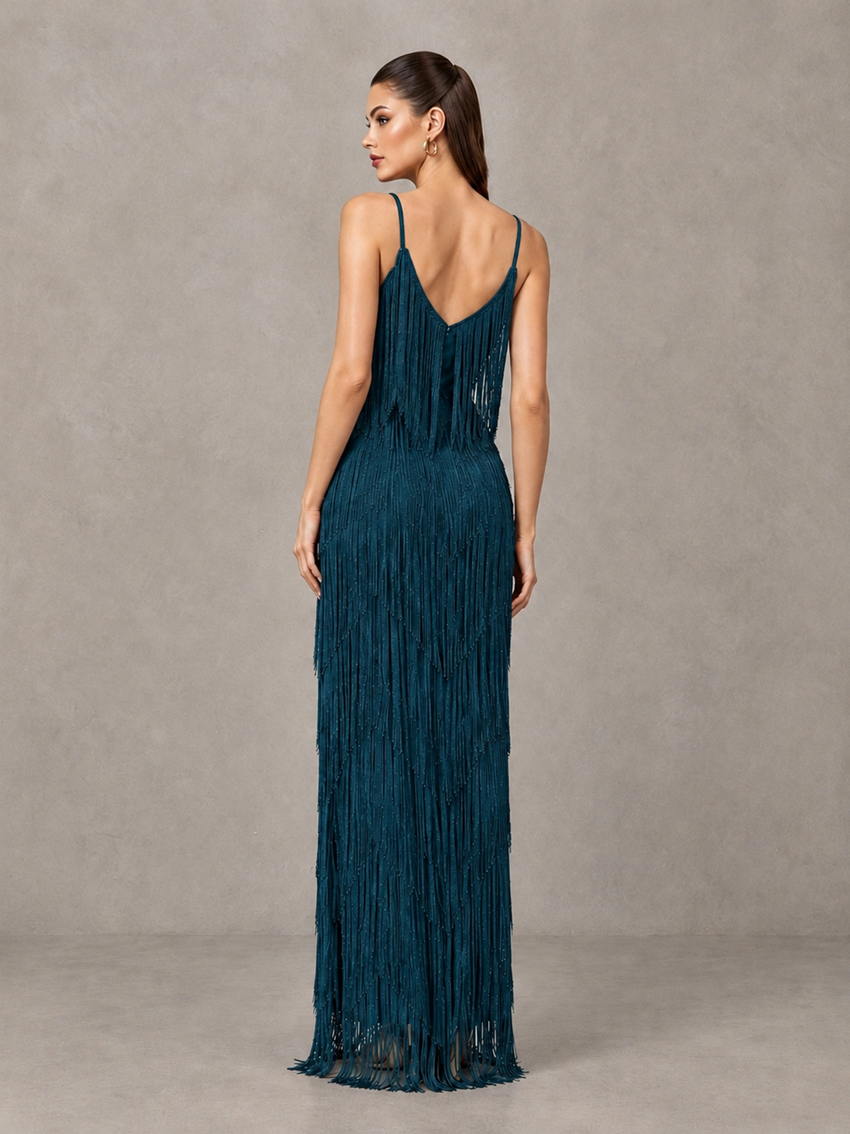 BOLODOO Peacock V-Neck Spaghetti Strap Fringe Maxi Evening Dress - Peacock - Peacock_2