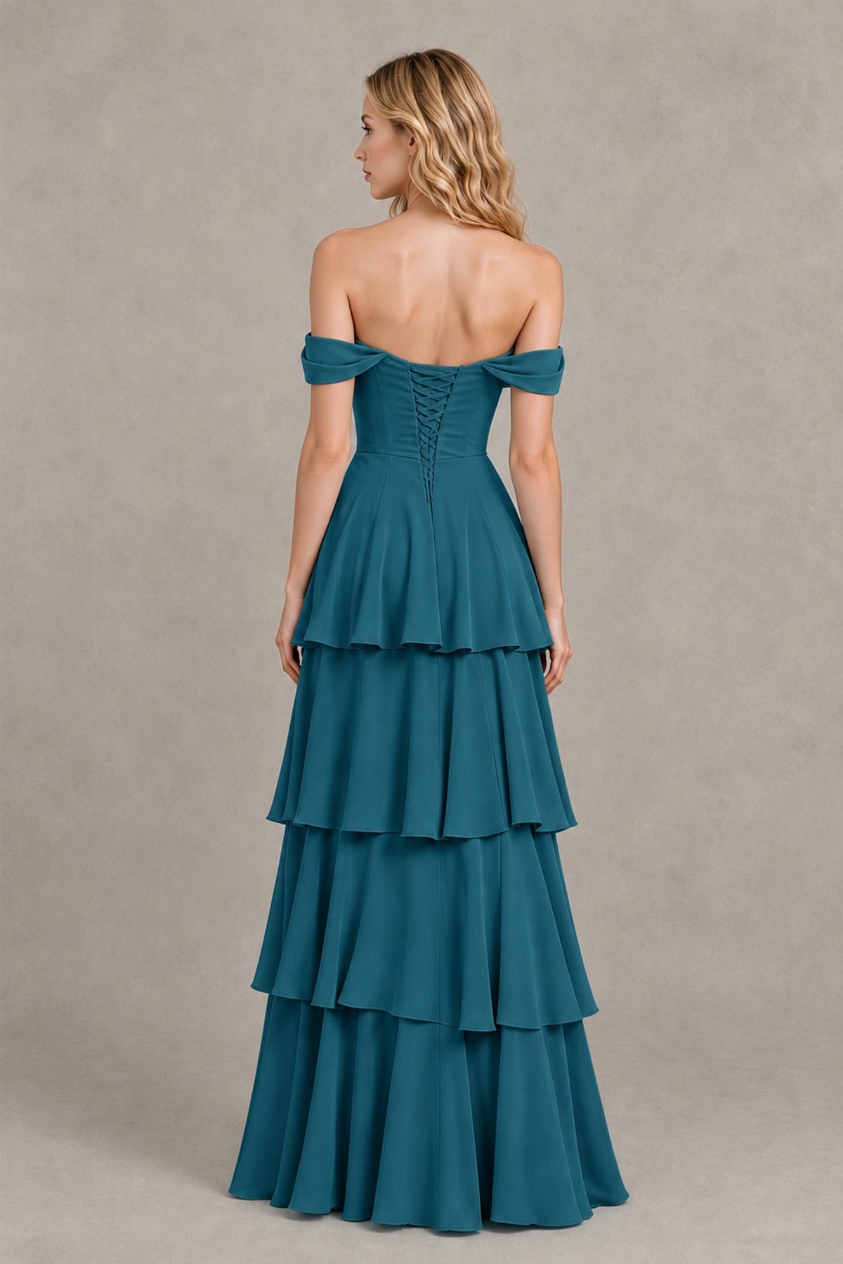 BOLODOO Peacock Off-the-Shoulder Tiered A-Line Evening Bridesmaid Dress - Peacock - Peacock_2