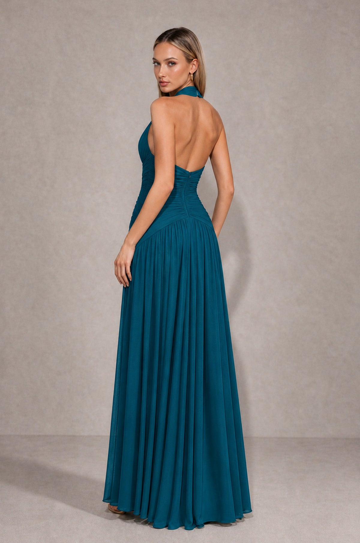 BOLODOO Peacock Chiffon Halter Deep V-Neck Ruched A-Line Backless Maxi Dress with Train-BD0167 - Peacock - Peacock_2