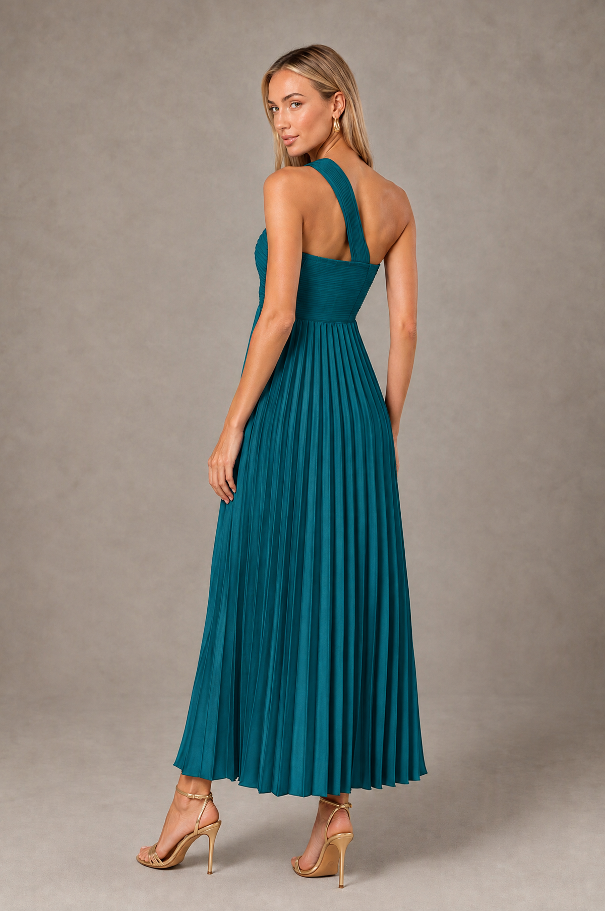 BOLODOO Peacock One-Shoulder Twist Knot Pleated Satin Midi Dress with Cutout - Peacock - Peacock_2