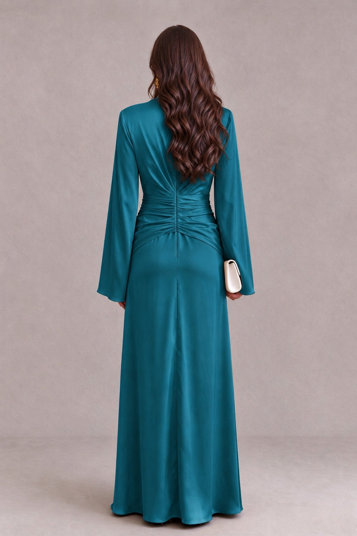 BOLODOO Peacock Yellow Satin-Look V-Neck Long Bell Sleeve Evening Dress - Peacock - Peacock_2
