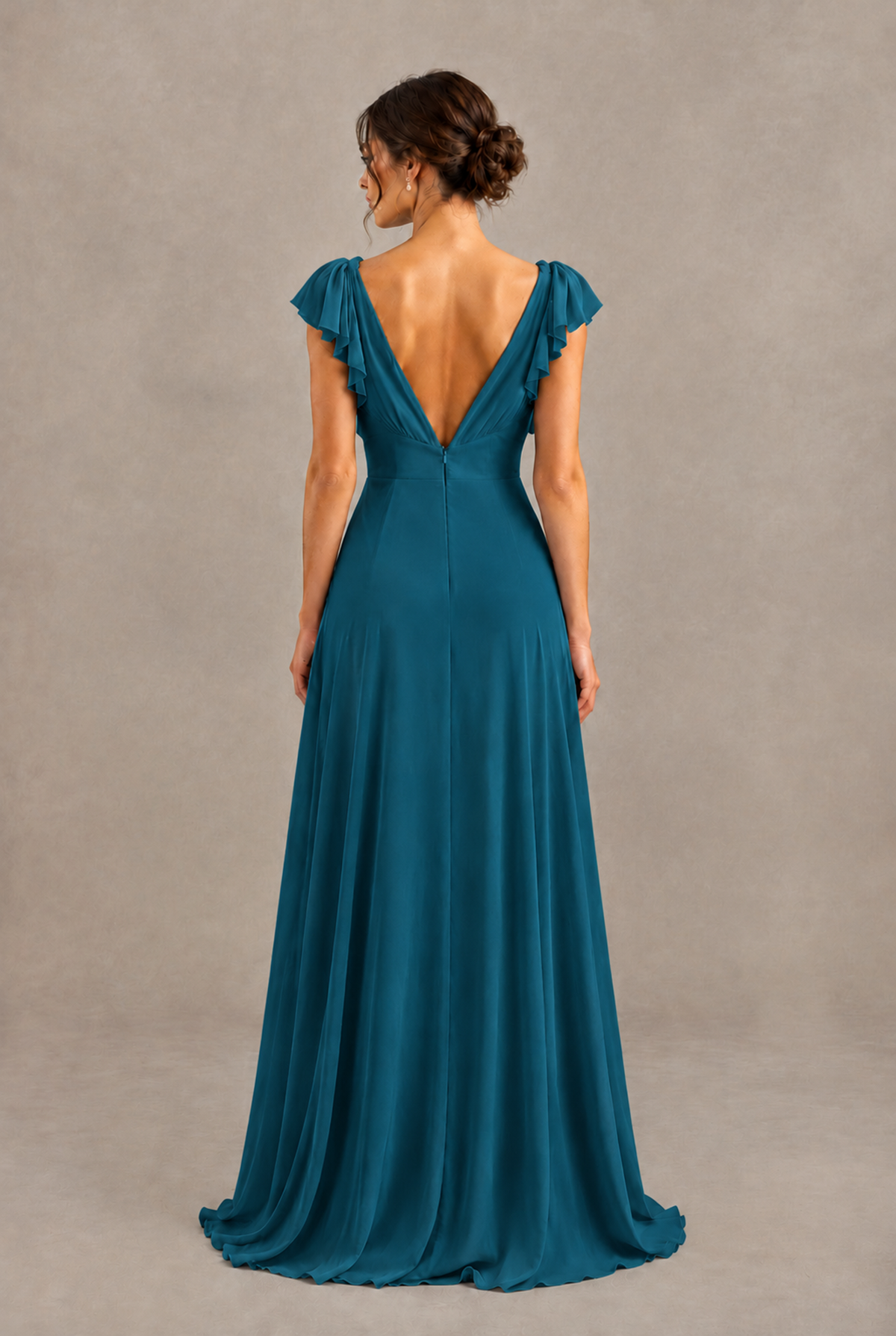 BOLODOO Peacock V-Neck Flutter Sleeve A-Line Bridesmaid Dress - Peacock - Peacock_2