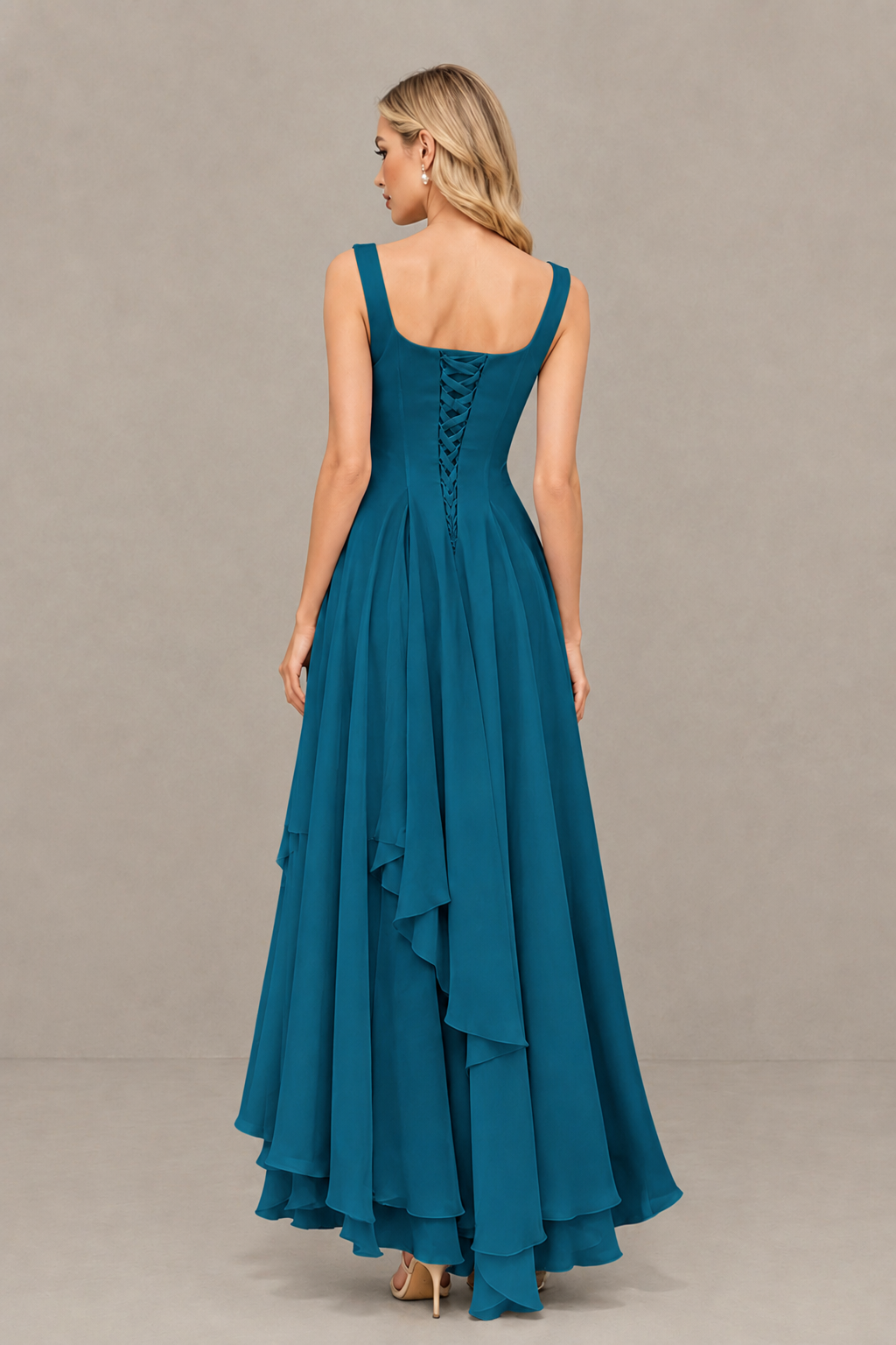 BOLODOO Peacock Square Neck Chiffon Bridesmaid Dress with Lace-Up Back - Peacock